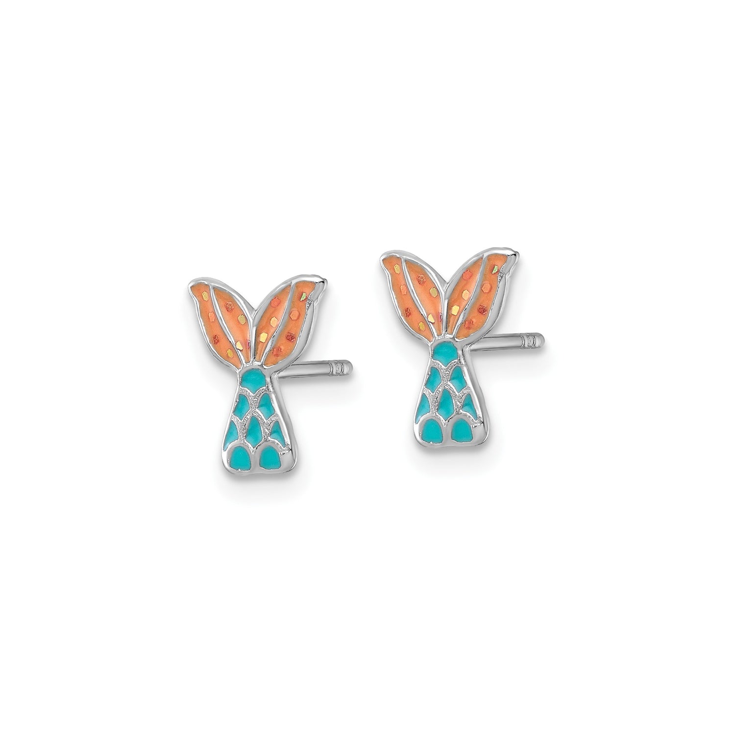 Sterling Silver Mermaid Tail Stud Earrings with Turquoise and Orange Enamel, Nautical Theme