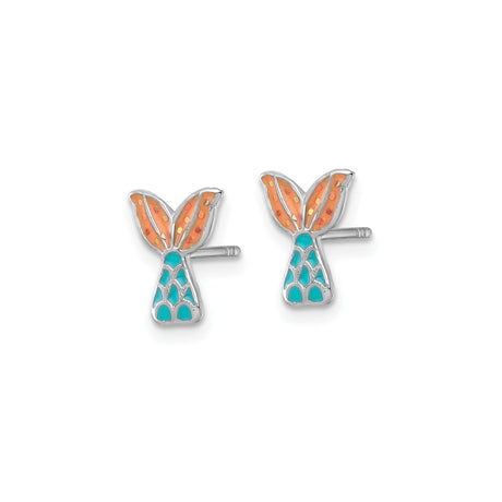 Sterling Silver Mermaid Tail Stud Earrings with Turquoise and Orange Enamel, Nautical Theme