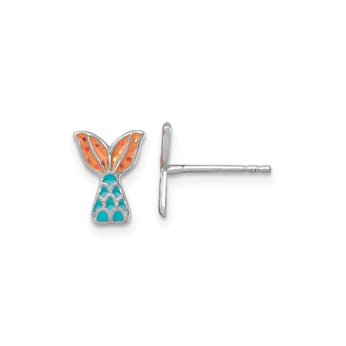 Sterling Silver Mermaid Tail Stud Earrings with Turquoise and Orange Enamel, Nautical Theme