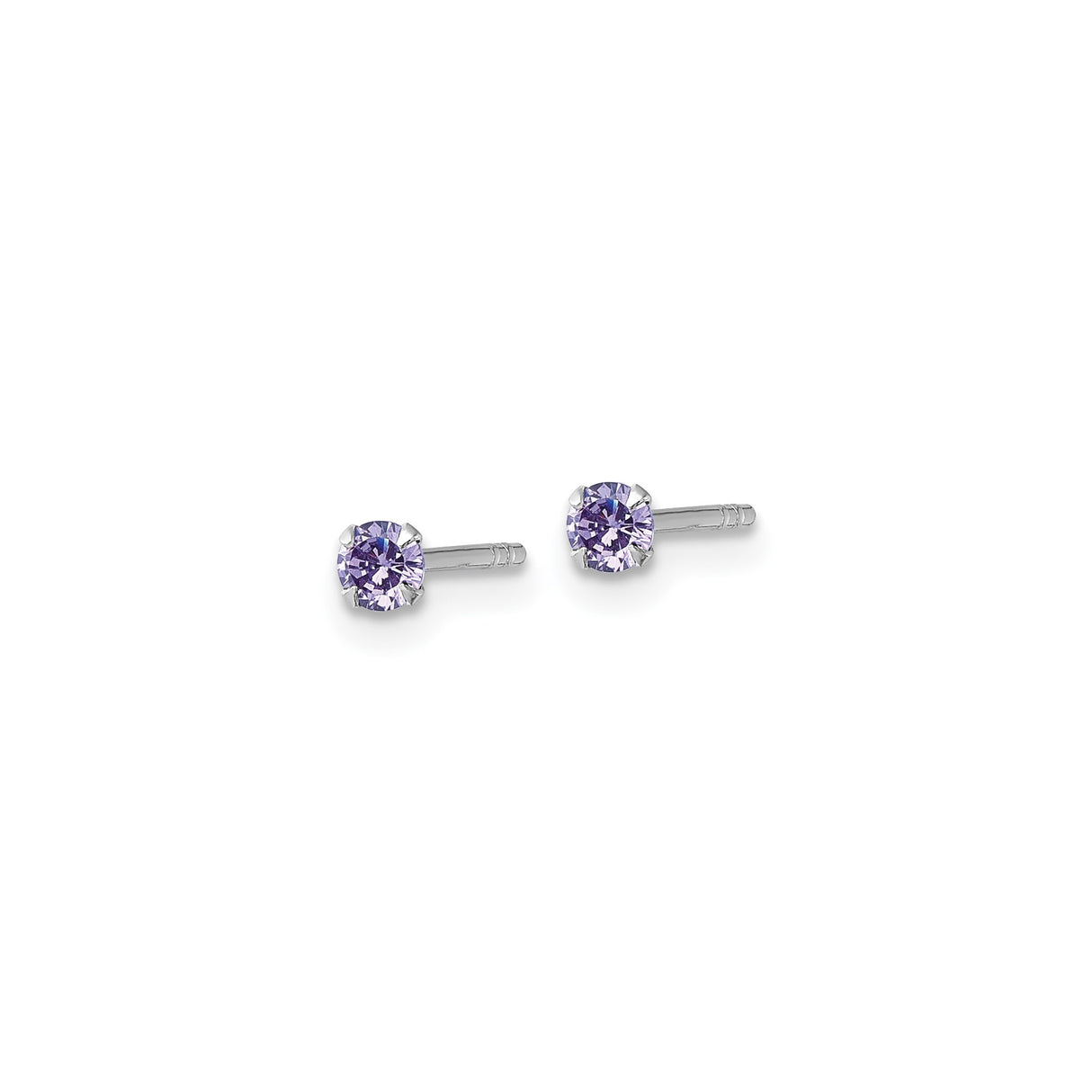 Sterling Silver Stud Earrings with Light Purple Cubic Zirconia, Round Cut, Rhodium Plated