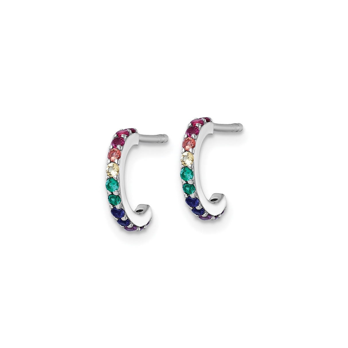Sterling Silver Hoop Earrings with Multi Colored Cubic Zirconia, Small Rainbow Design