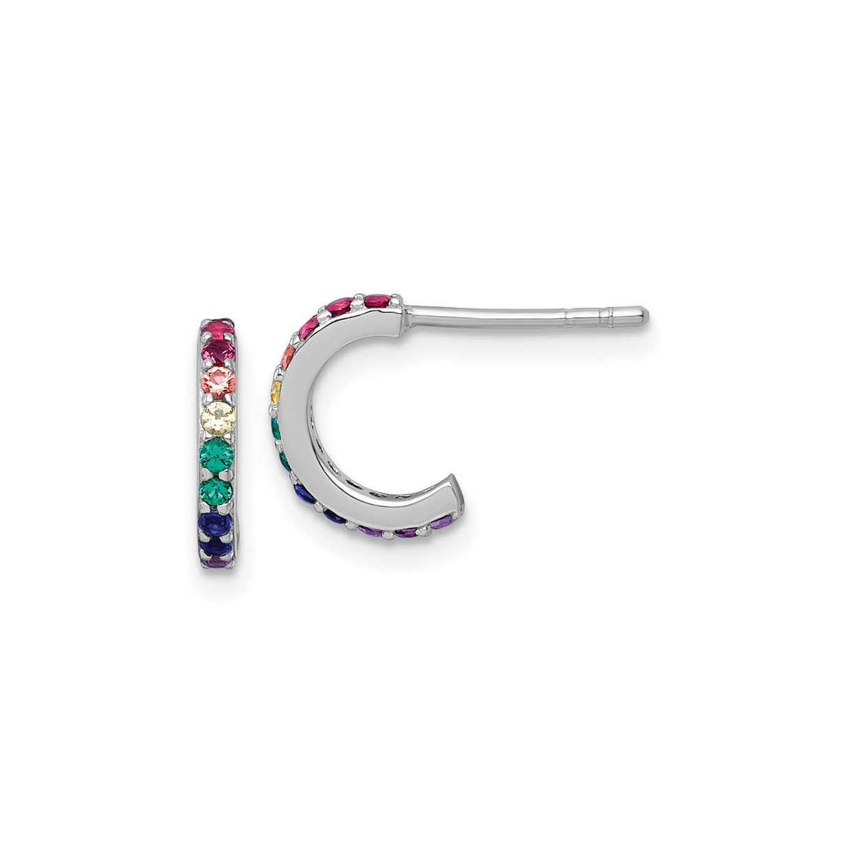 Sterling Silver Hoop Earrings with Multi Colored Cubic Zirconia, Small Rainbow Design