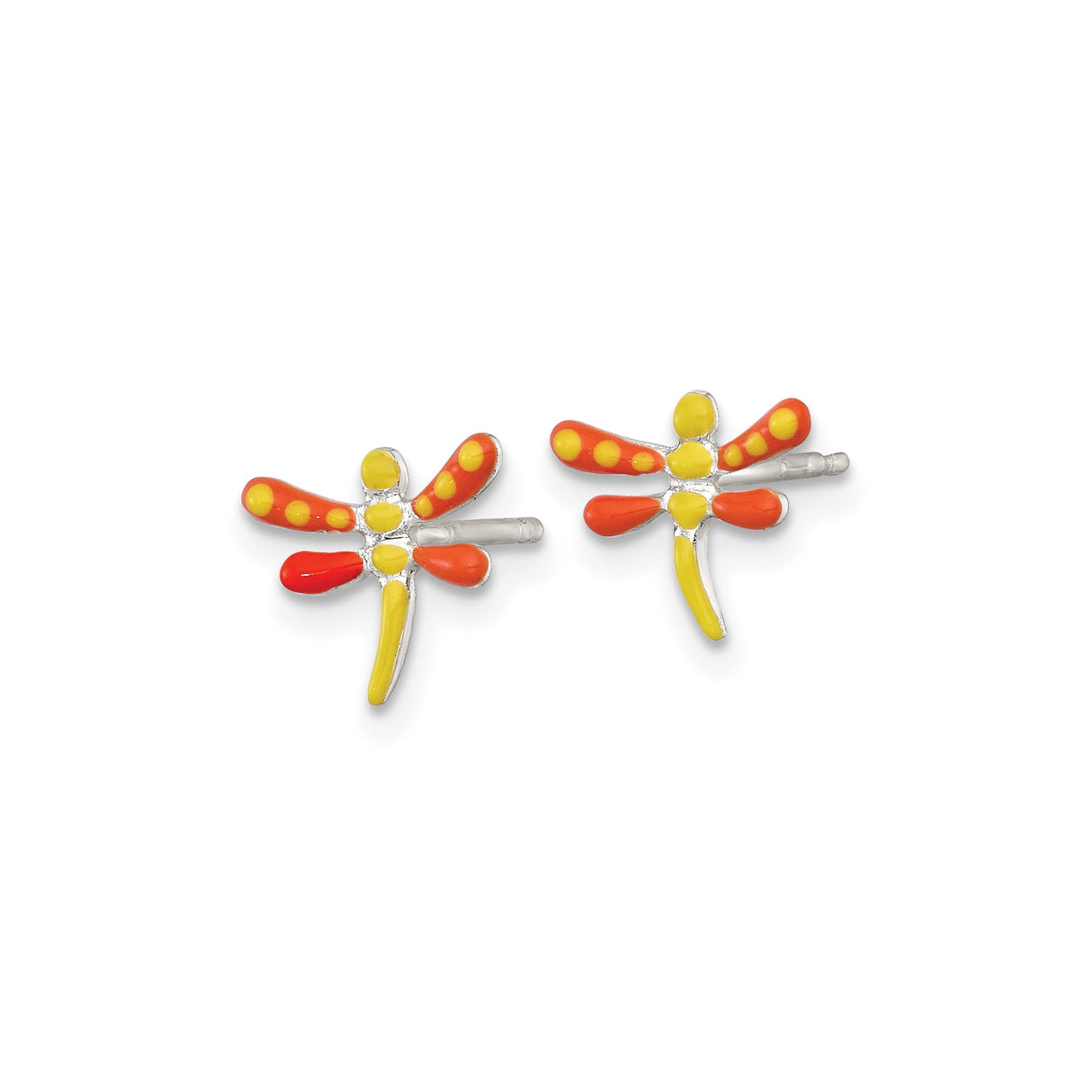 Sterling Silver Dragonfly Stud Earrings with Orange and Yellow Enamel Accents