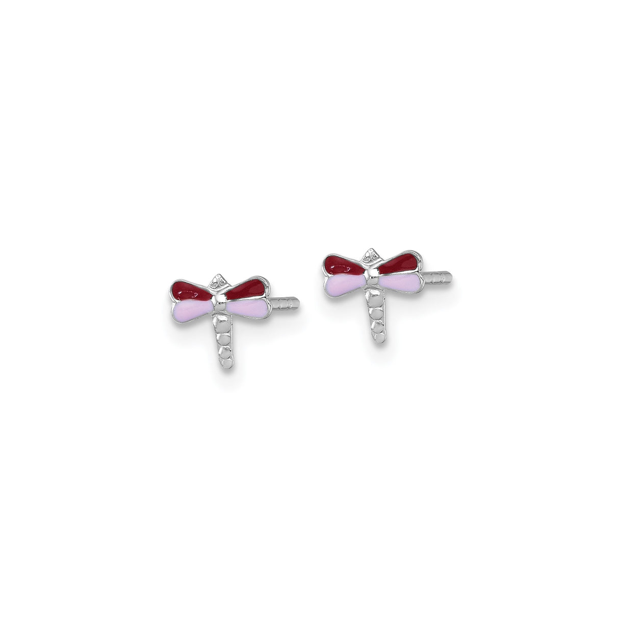 Sterling Silver Dragonfly Stud Earrings with Red and Light Purple Enamel Wings, Rhodium Plated