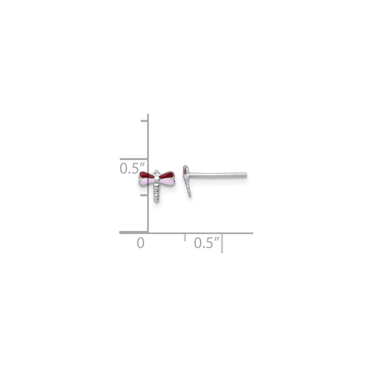 Sterling Silver Dragonfly Stud Earrings with Red and Light Purple Enamel Wings, Rhodium Plated