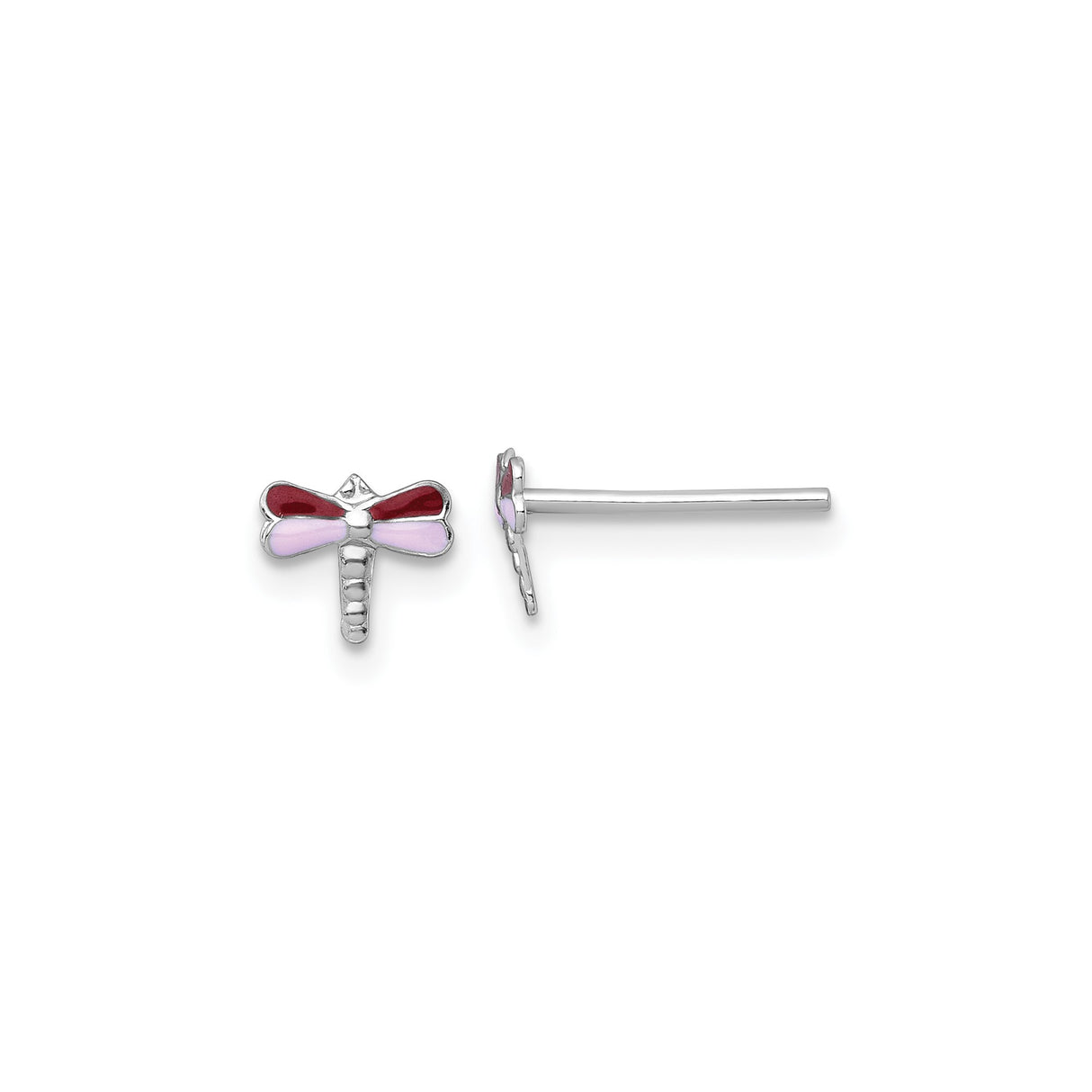 Sterling Silver Dragonfly Stud Earrings with Red and Light Purple Enamel Wings, Rhodium Plated