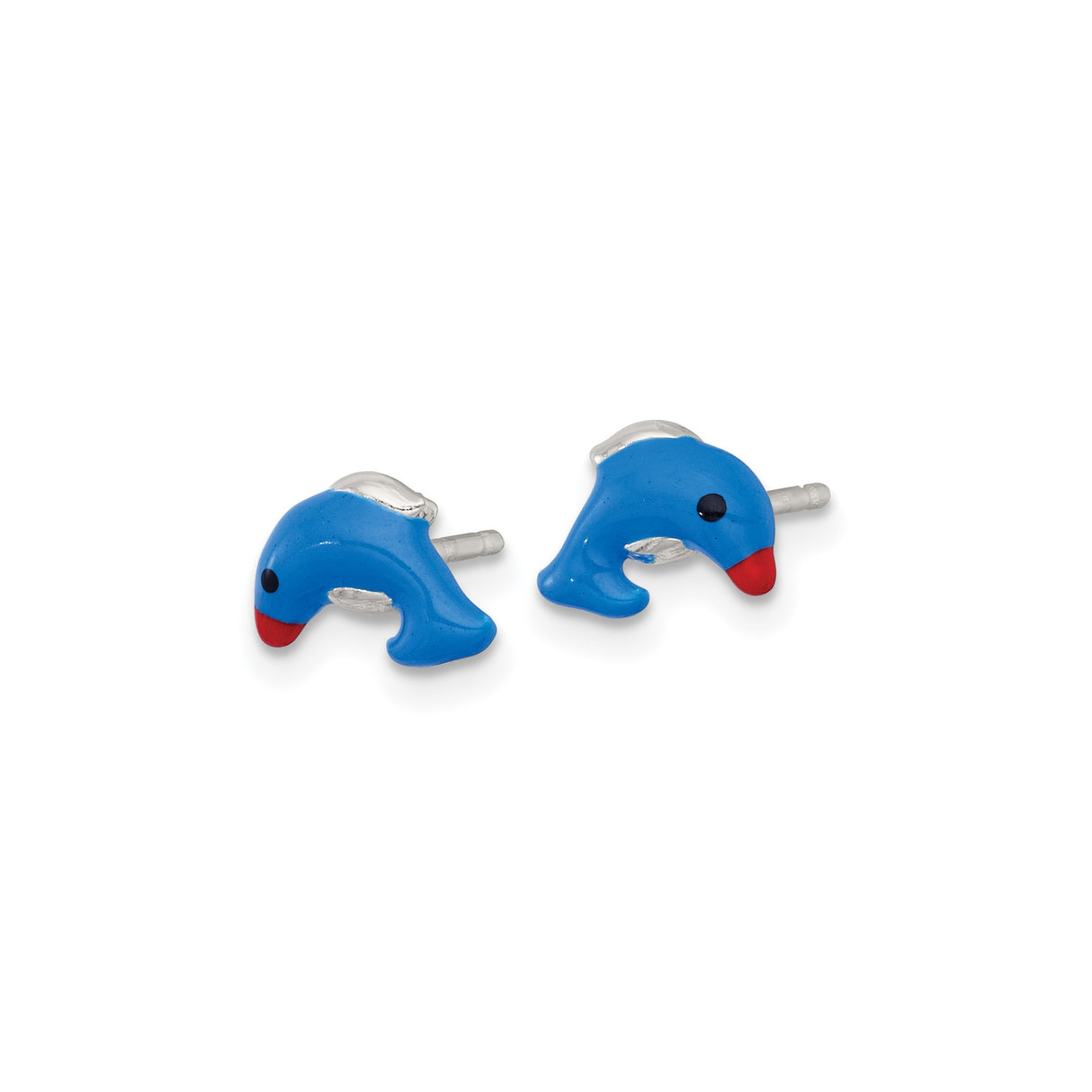 Sterling Silver Dolphin Stud Earrings with Blue and Red Enamel, Ocean Theme for Girls