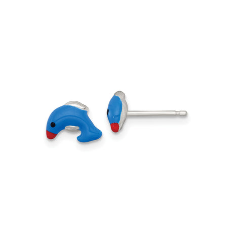 Sterling Silver Dolphin Stud Earrings with Blue and Red Enamel, Ocean Theme for Girls