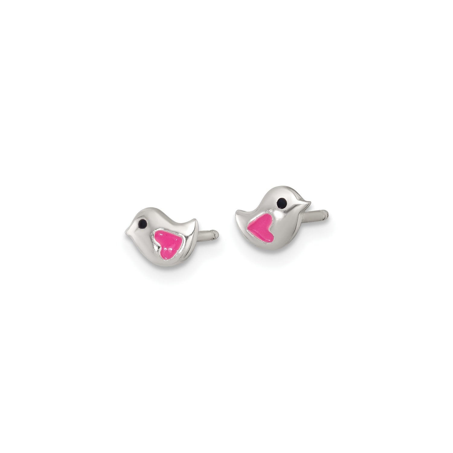 Sterling Silver Bird Stud Earrings with Pink Enamel Heart Wing, Dainty Animal Design for Girls