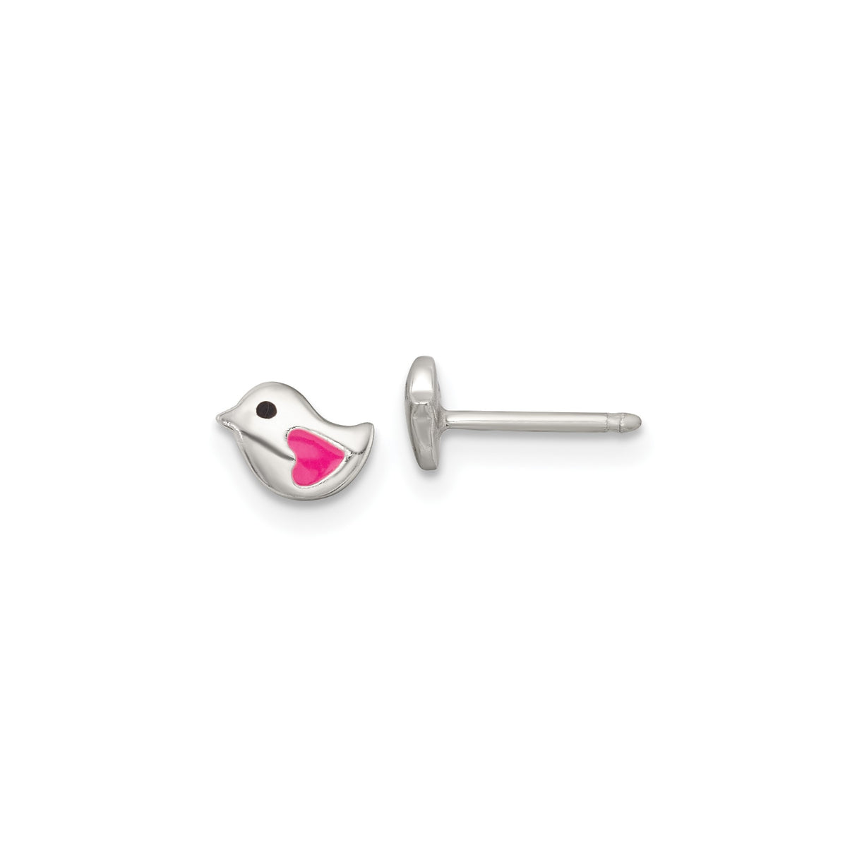 Sterling Silver Bird Stud Earrings with Pink Enamel Heart Wing, Dainty Animal Design for Girls