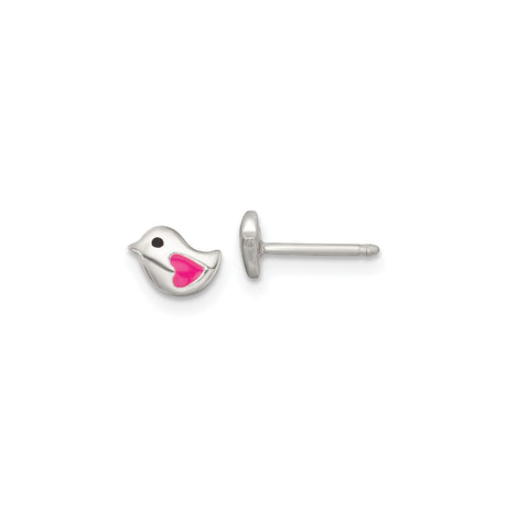 Sterling Silver Bird Stud Earrings with Pink Enamel Heart Wing, Dainty Animal Design for Girls