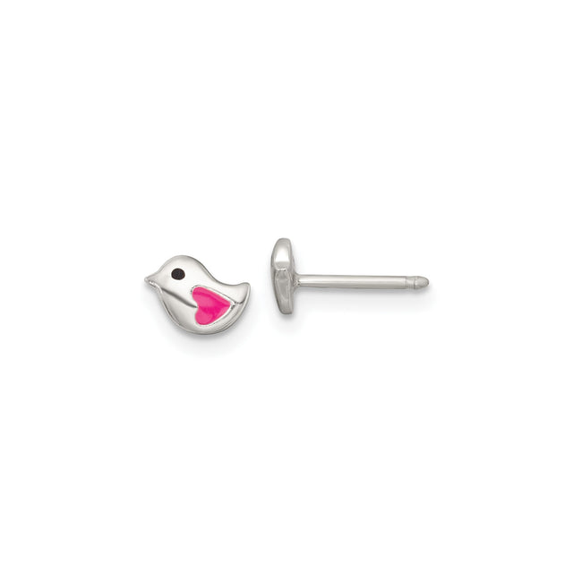 Sterling Silver Bird Stud Earrings with Pink Enamel Heart Wing, Dainty Animal Design for Girls