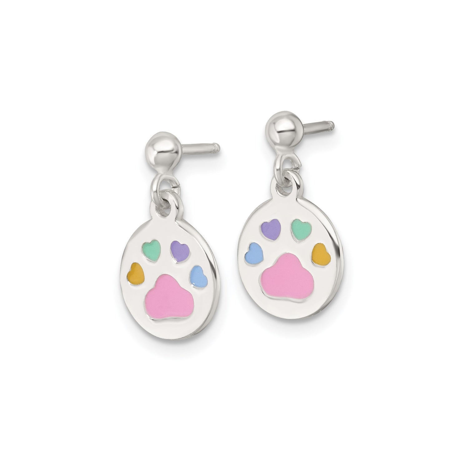 Sterling Silver Dangle Earrings with Pink Paw Print and Pastel Heart Enamel Design for Girls