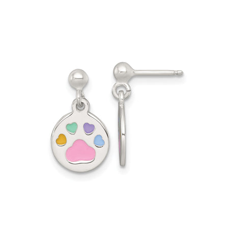 Sterling Silver Dangle Earrings with Pink Paw Print and Pastel Heart Enamel Design for Girls