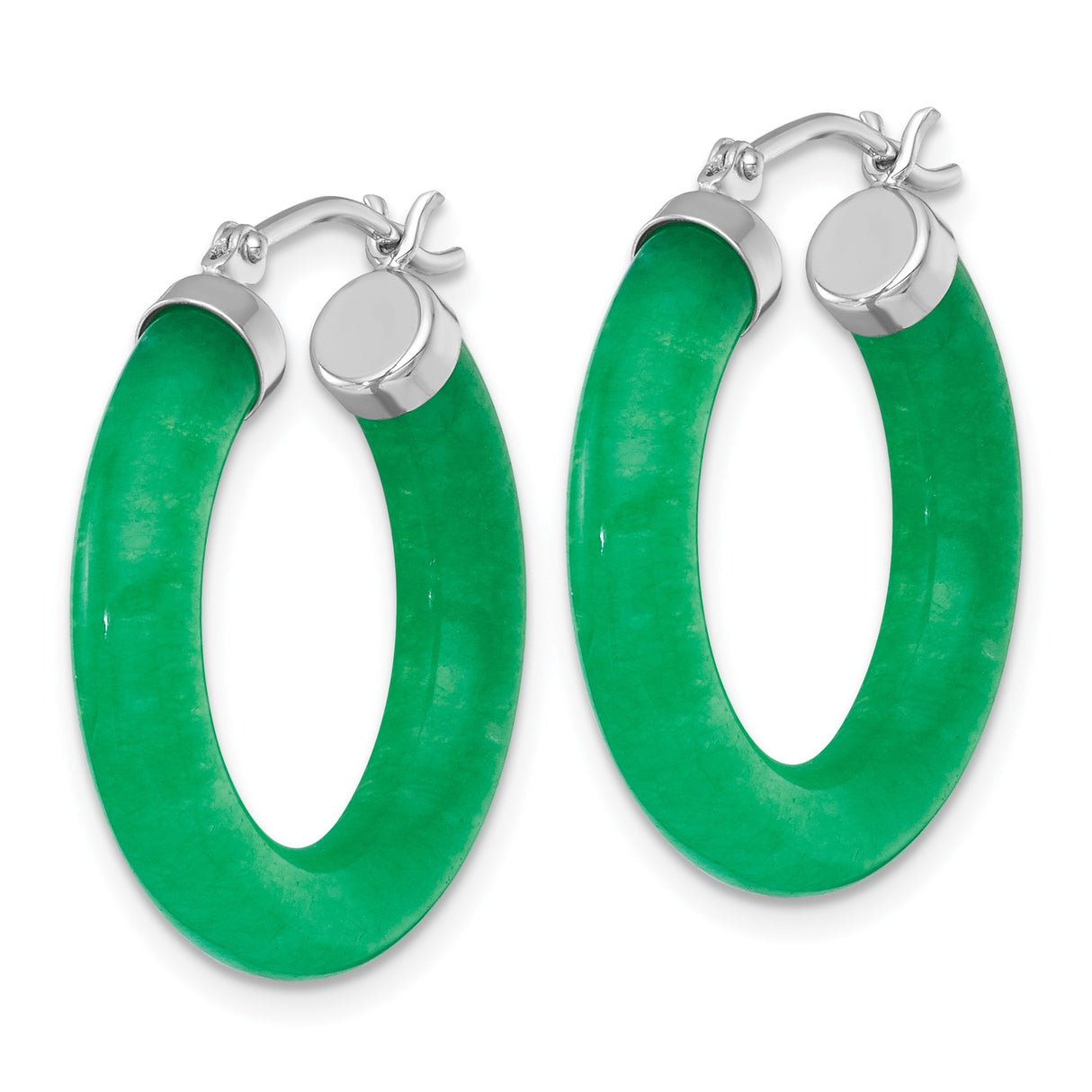 Sterling Silver Hoop Earrings with Green Jade Circle Design for Women