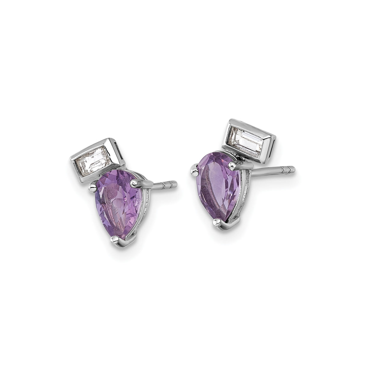 Sterling Silver Amethyst Stud Earrings with White Topaz Accents, Pear and Rectangular Cut