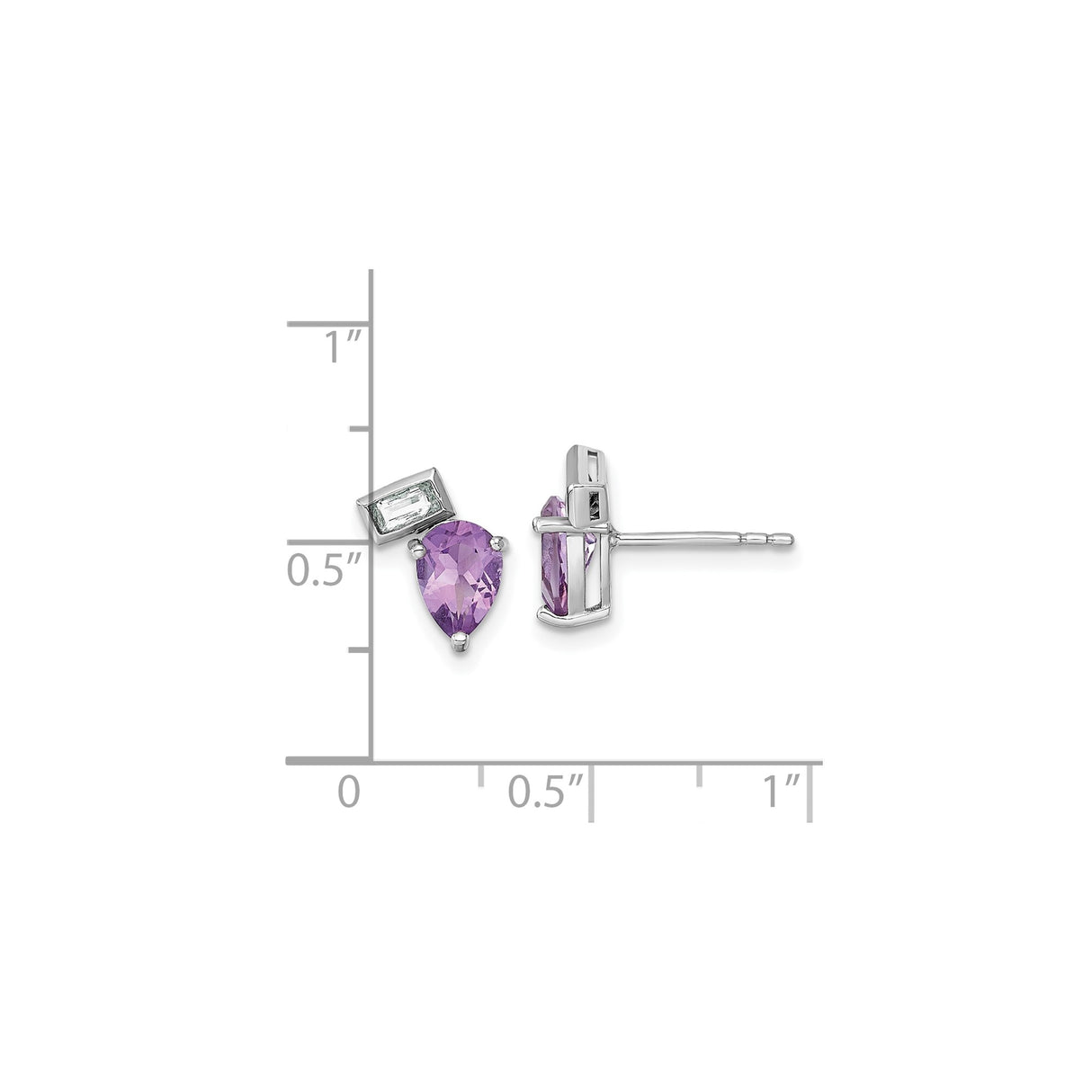 Sterling Silver Amethyst Stud Earrings with White Topaz Accents, Pear and Rectangular Cut