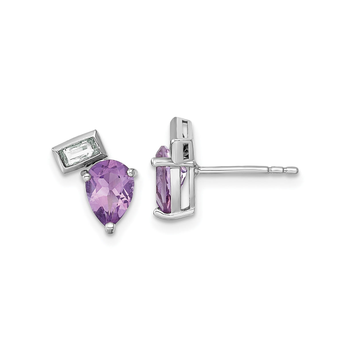 Sterling Silver Amethyst Stud Earrings with White Topaz Accents, Pear and Rectangular Cut