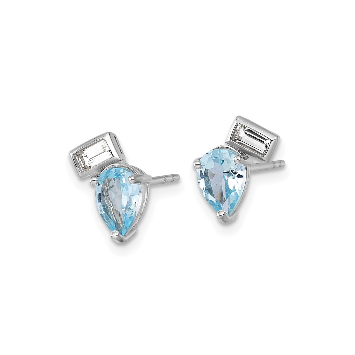 Sterling Silver Stud Earrings with Pear-Shaped Swiss Blue Topaz and Baguette White Topaz