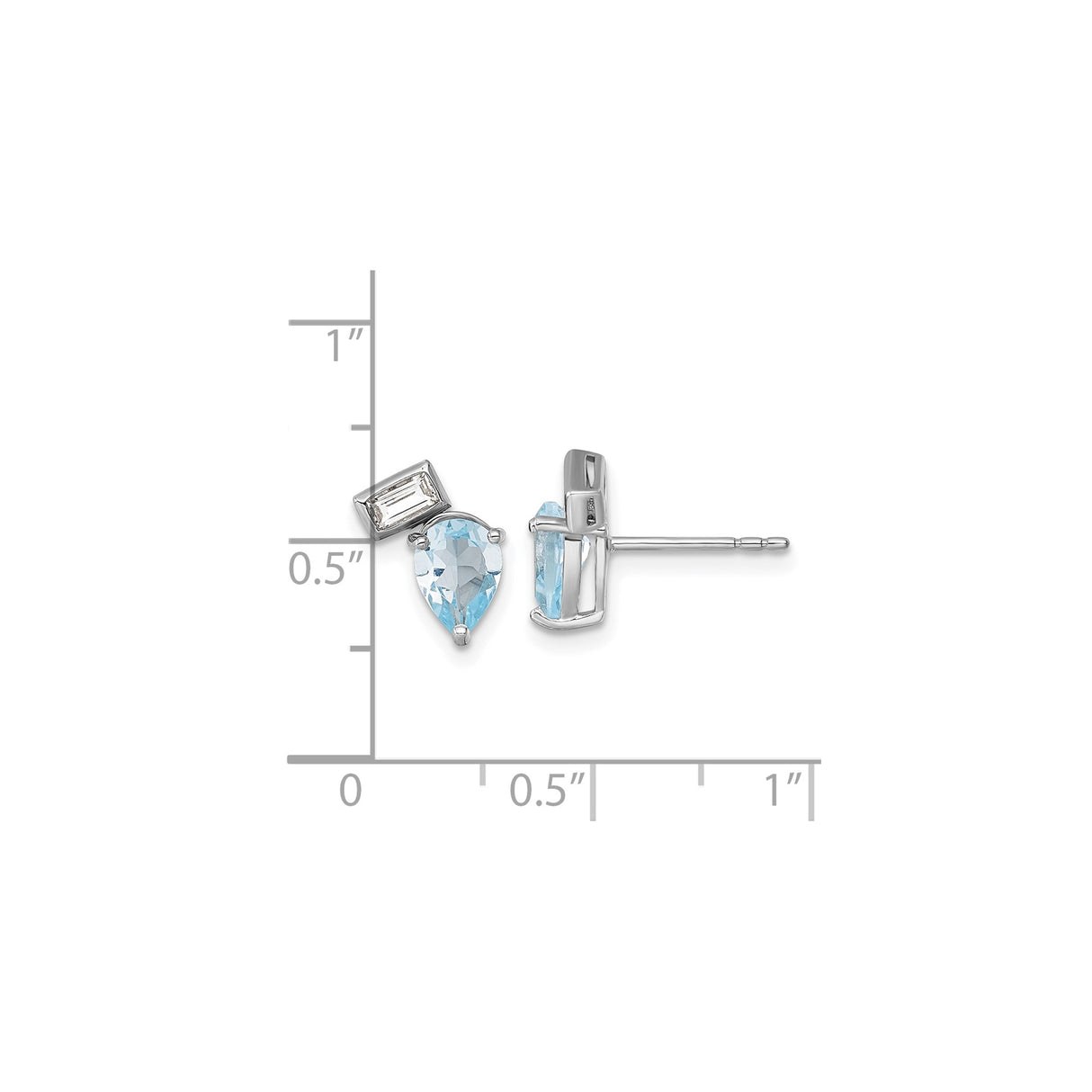 Sterling Silver Stud Earrings with Pear-Shaped Swiss Blue Topaz and Baguette White Topaz