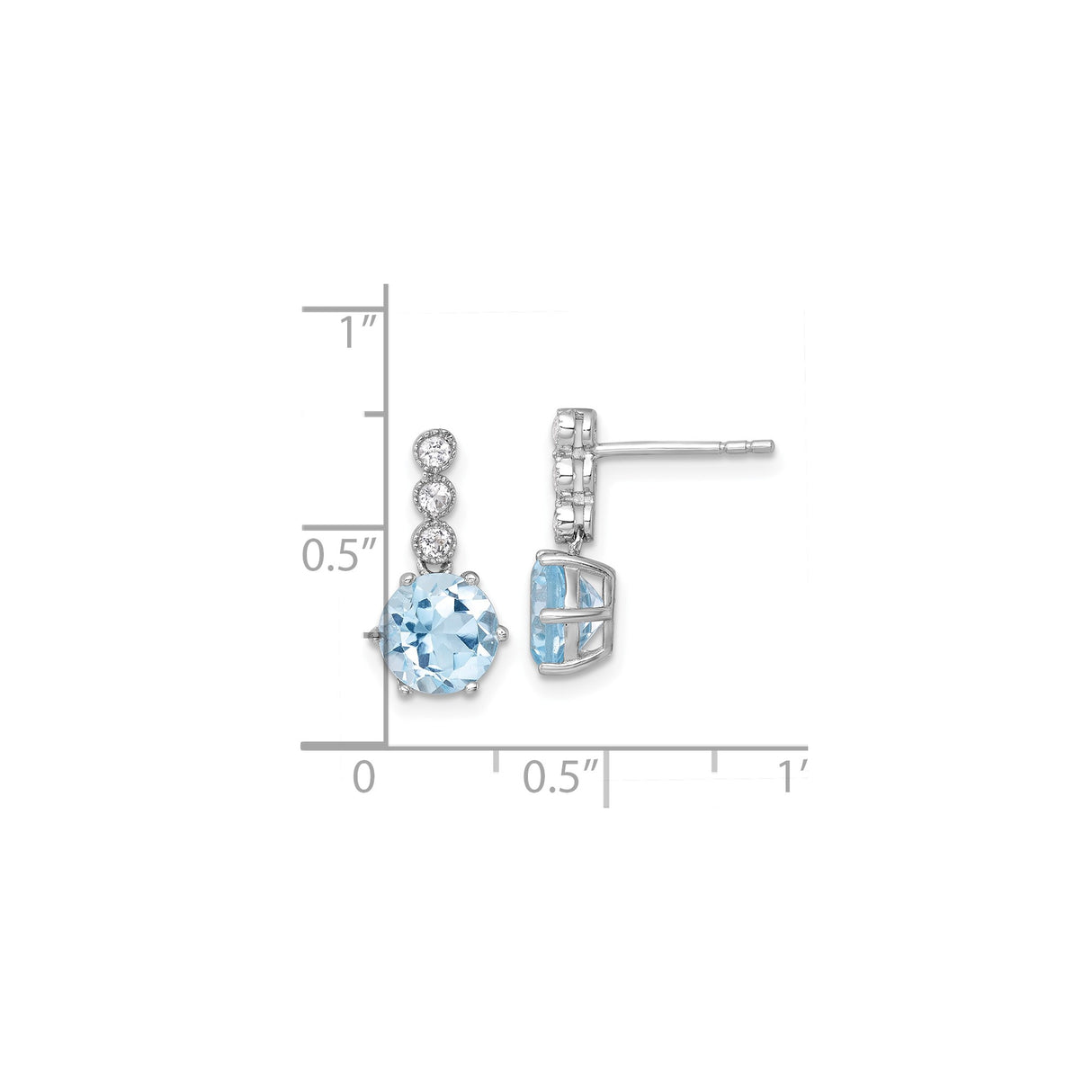 Sterling Silver Drop Earrings with Swiss Blue Topaz and White Topaz, Rhodium Plated Dangle Design