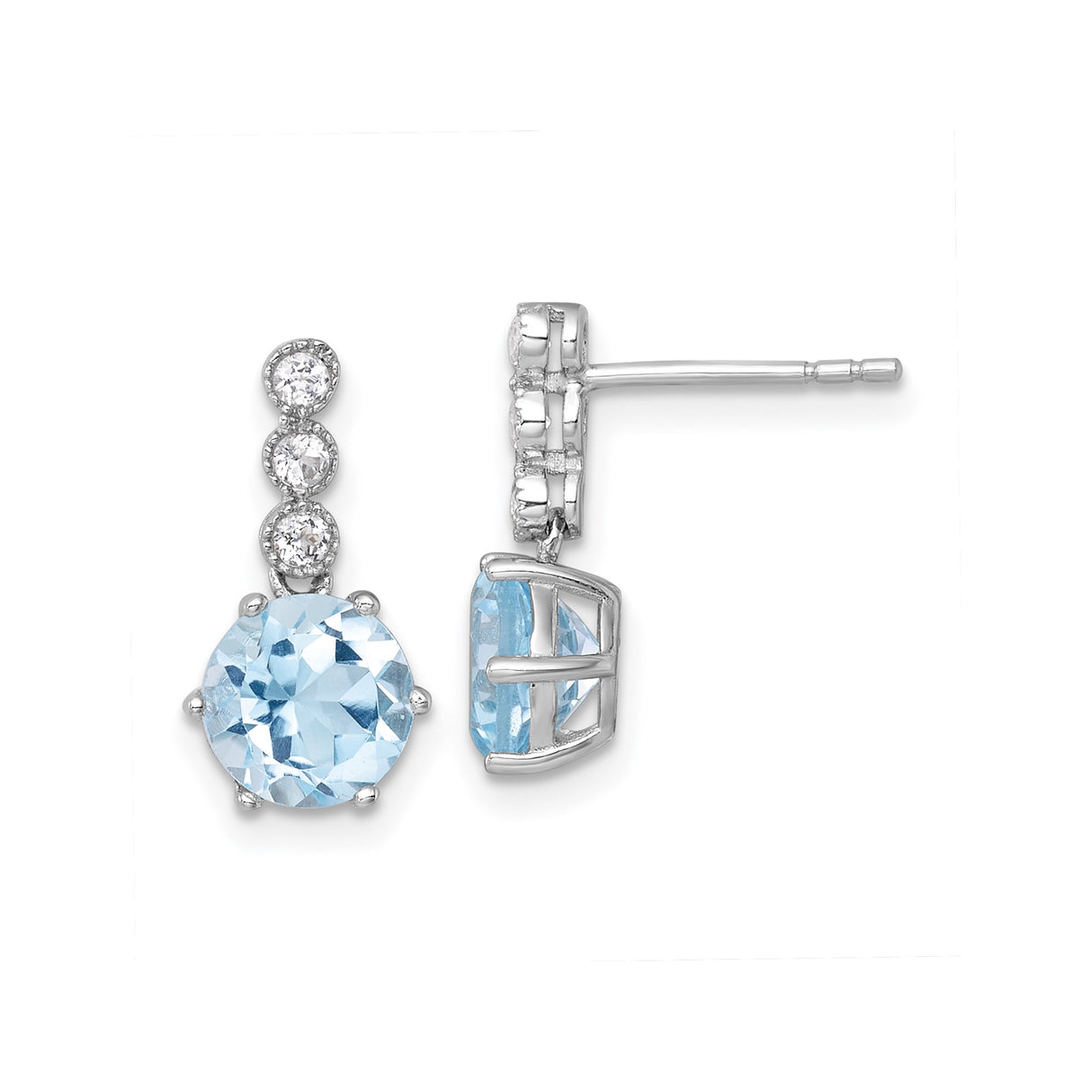 Sterling Silver Drop Earrings with Swiss Blue Topaz and White Topaz, Rhodium Plated Dangle Design