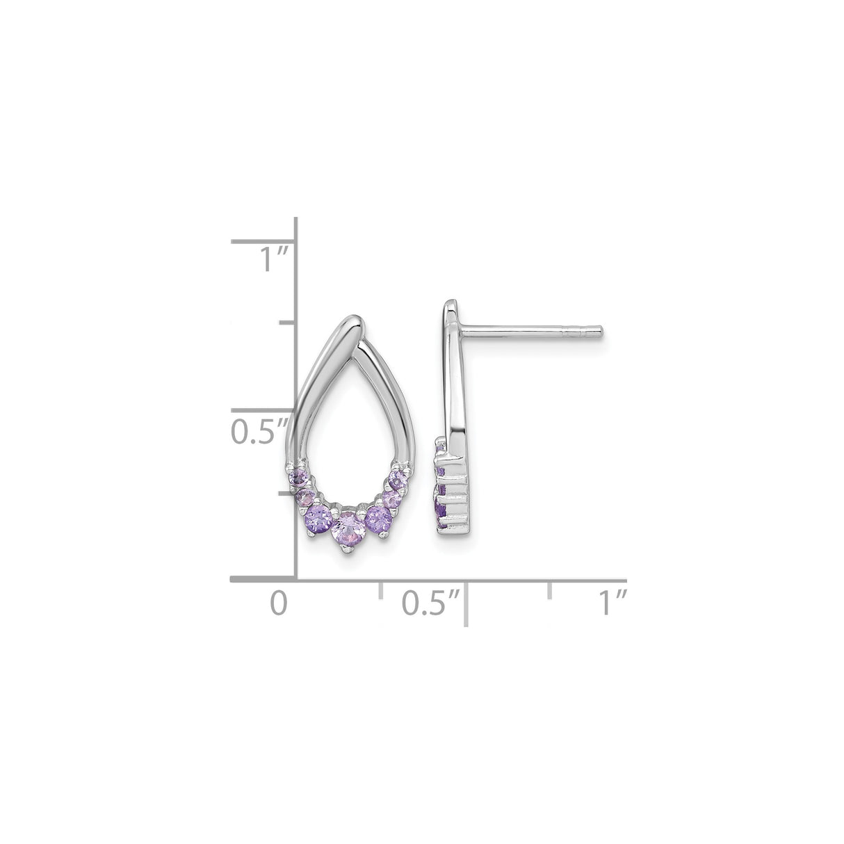 Sterling Silver Teardrop Stud Earrings with Amethyst, Rhodium Plated, Minimalist Design for Women