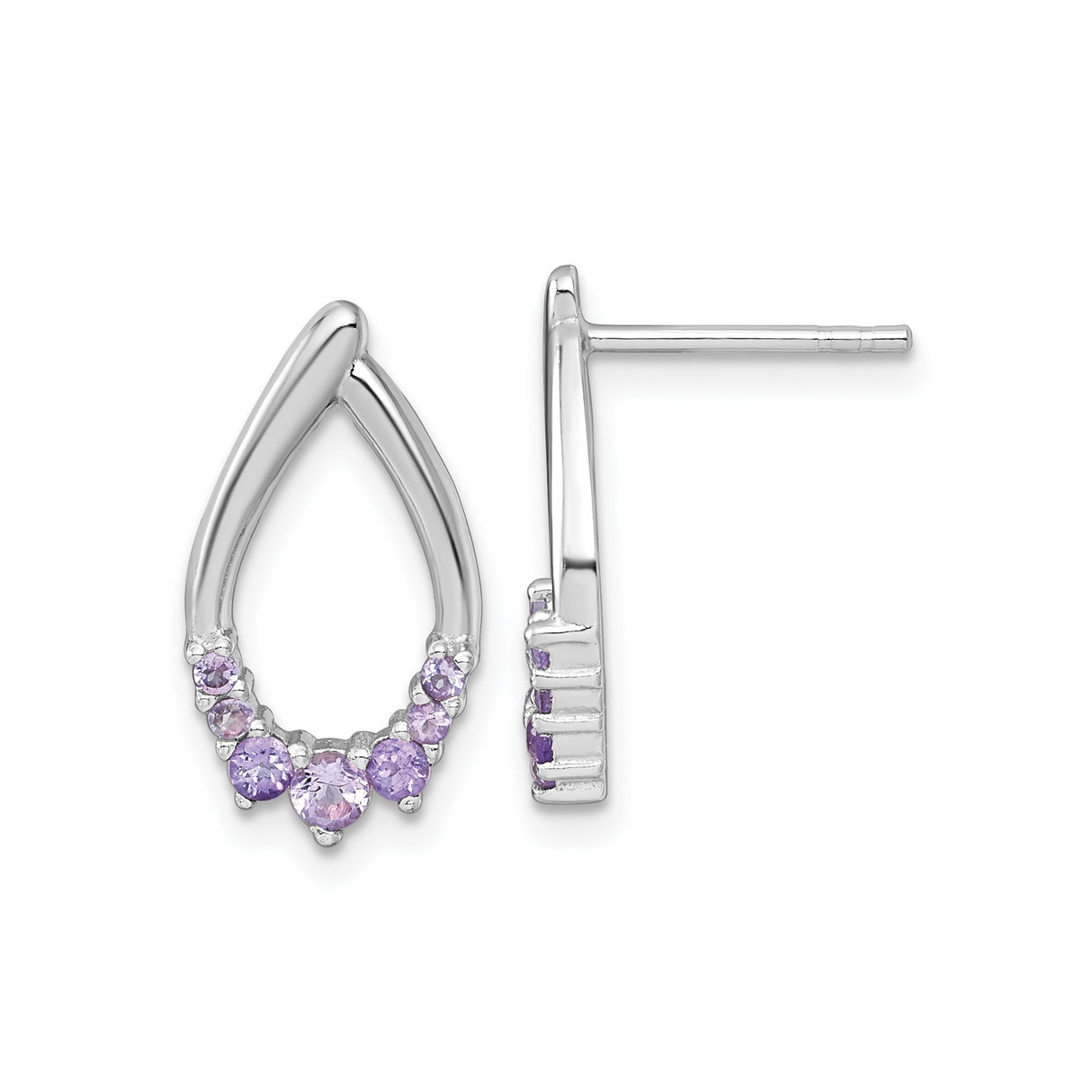 Sterling Silver Teardrop Stud Earrings with Amethyst, Rhodium Plated, Minimalist Design for Women