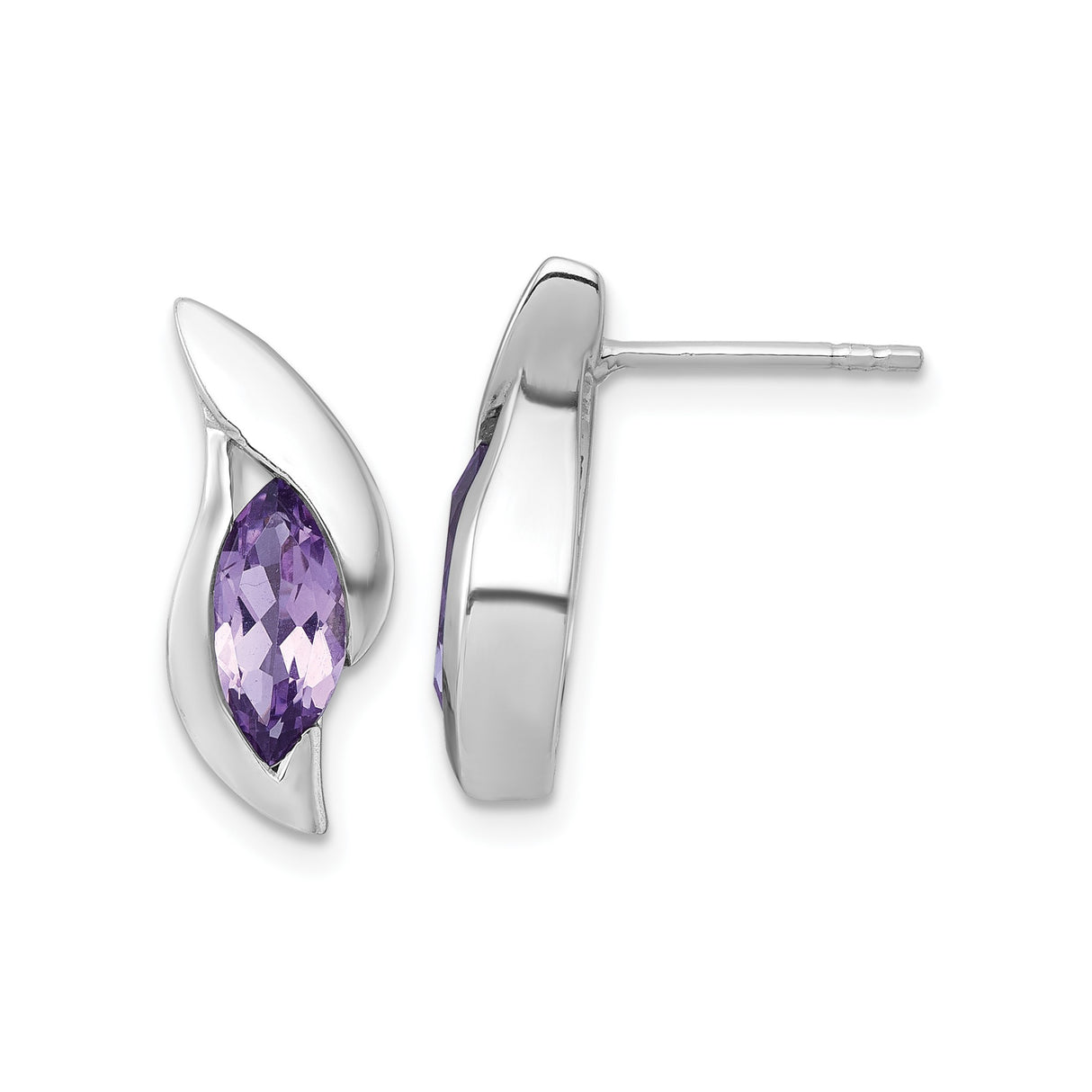 Sterling Silver Stud Earrings with Marquise Amethyst, Flame Inspired Modern Design