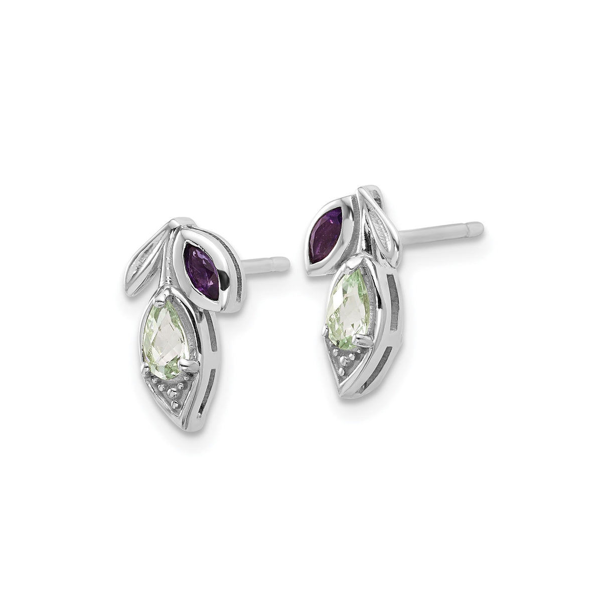 Sterling Silver Leaf Stud Earrings with Amethyst and Green Quartz Gemstones