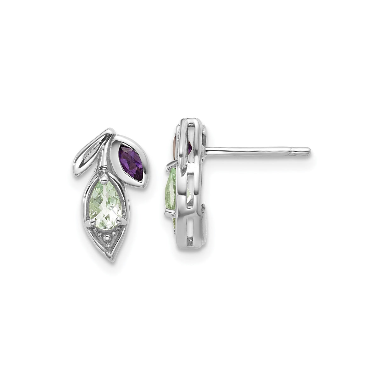 Sterling Silver Leaf Stud Earrings with Amethyst and Green Quartz Gemstones