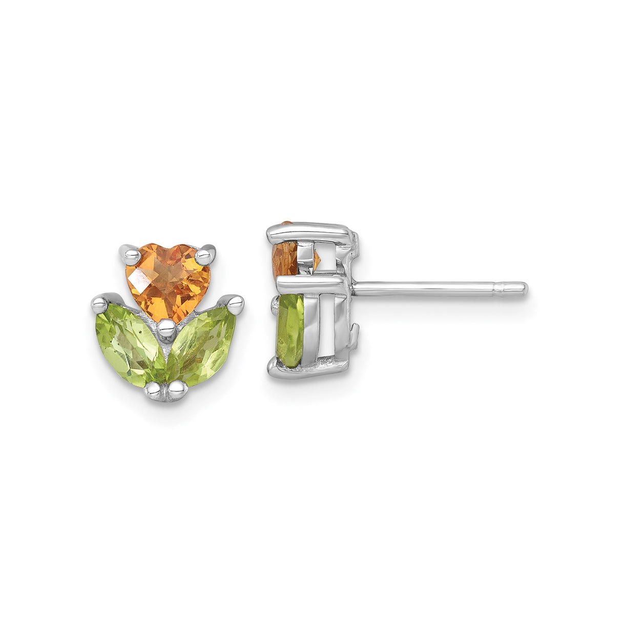 Sterling Silver Earrings with Heart-Shaped Citrine and Marquise Peridot, Floral Design Studs