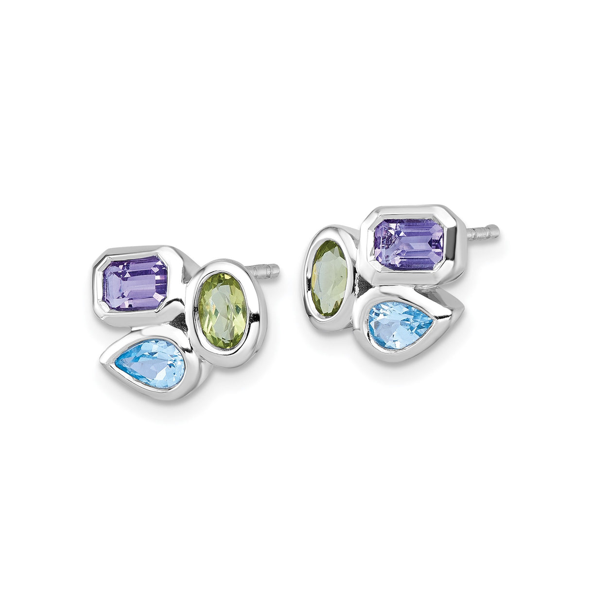Sterling Silver Stud Earrings with Amethyst and Swiss Blue Topaz in Bezel Set Cluster Design