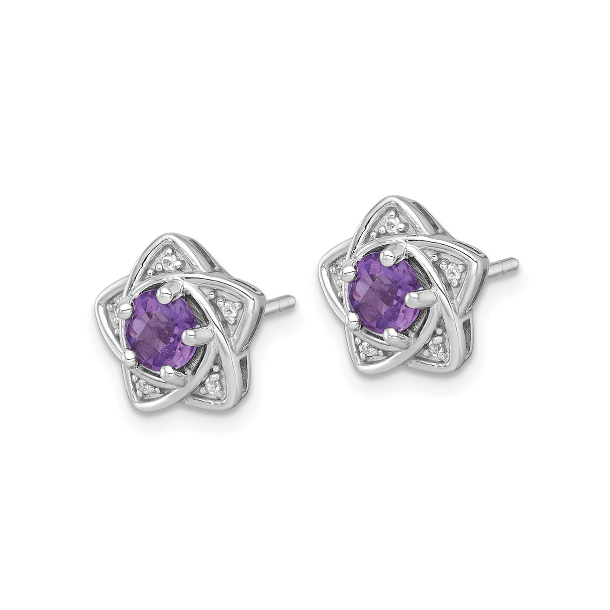 Sterling Silver Star Stud Earrings with Amethyst and White Topaz, Six-Pointed Celestial Design