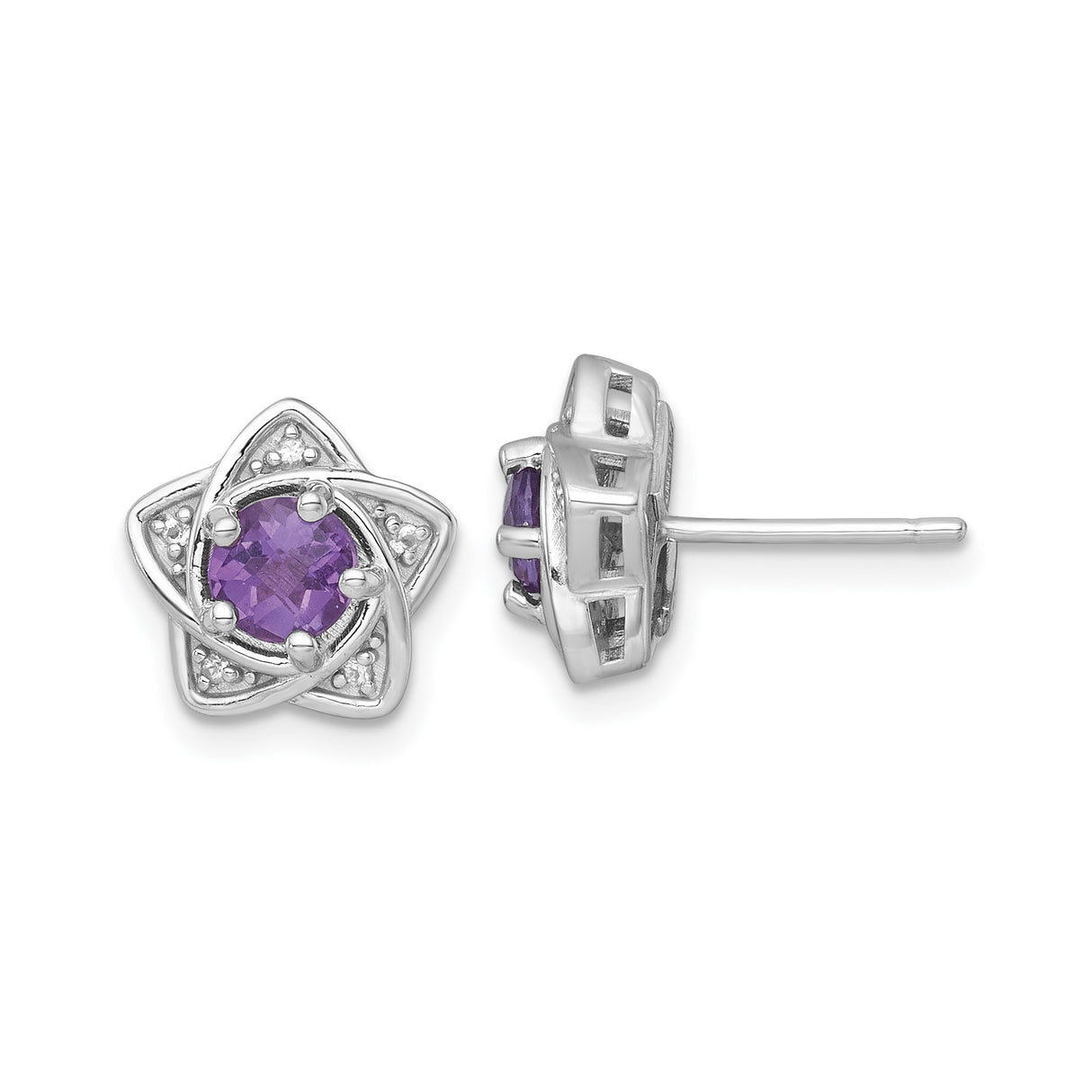 Sterling Silver Star Stud Earrings with Amethyst and White Topaz, Six-Pointed Celestial Design