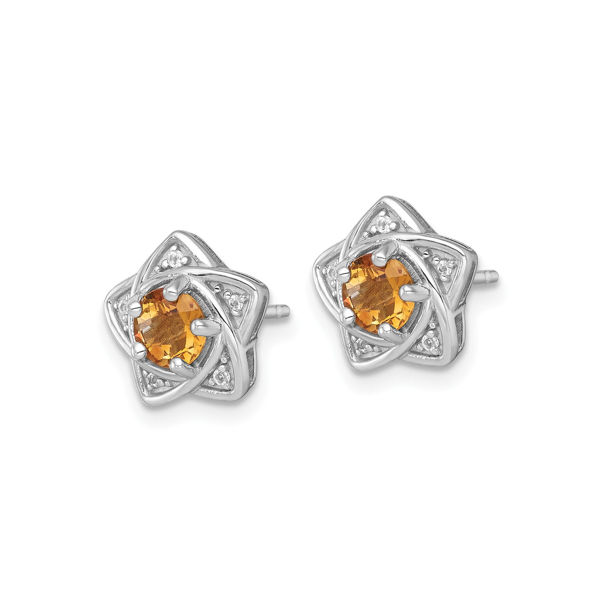 Sterling Silver Citrine Stud Earrings with White Topaz, Star of David Religious Design