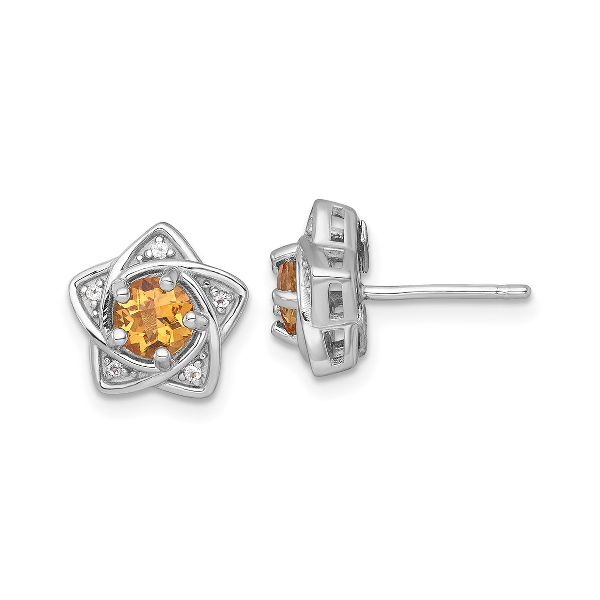 Sterling Silver Citrine Stud Earrings with White Topaz, Star of David Religious Design