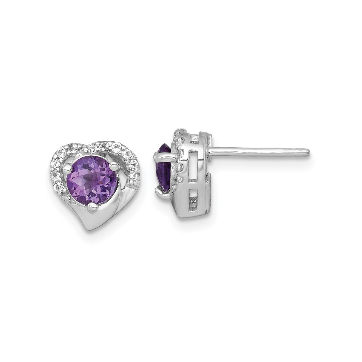 Sterling Silver Heart Shaped Amethyst and White Topaz Stud Earrings for Women
