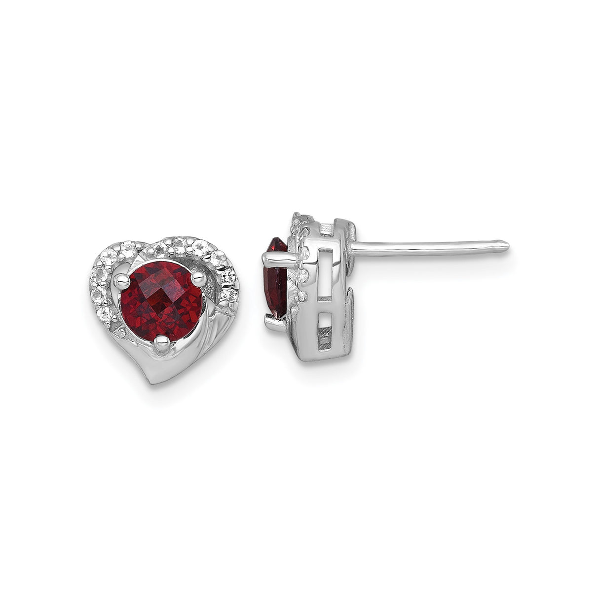 Sterling Silver Heart Stud Earrings with Garnet and White Topaz Accent Stones