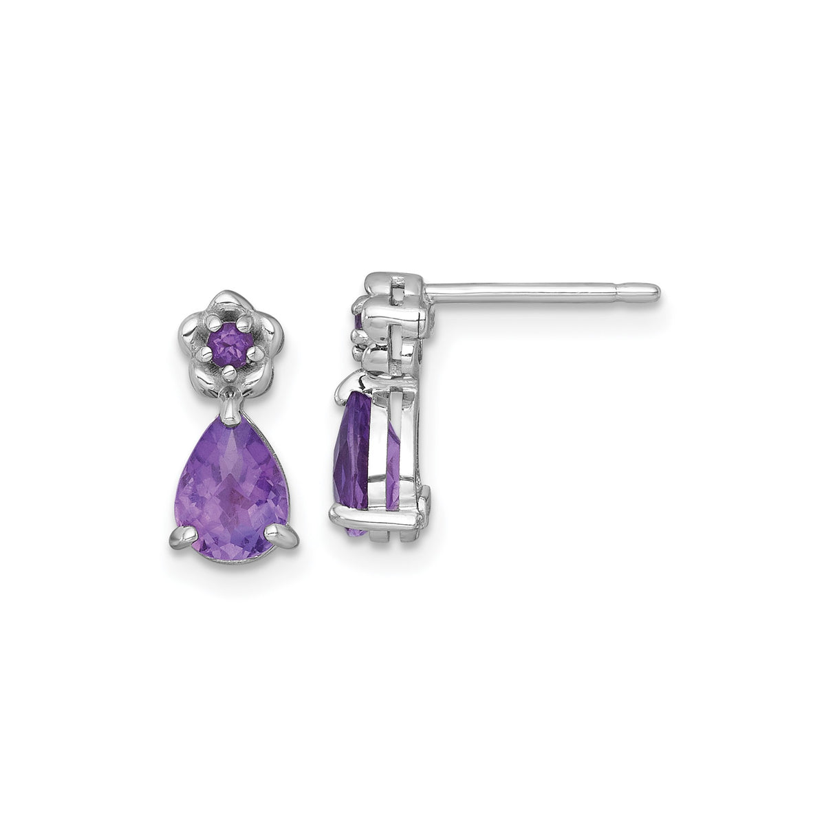 Sterling Silver Drop Earrings with Pear-Shaped Amethyst, Floral Design