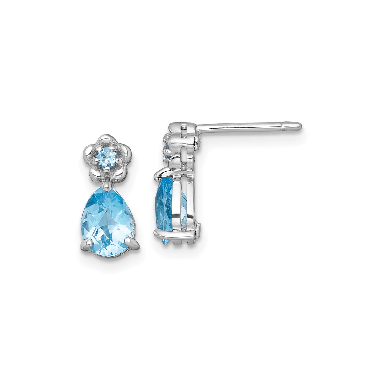 Sterling Silver Dangle Earrings with Swiss Blue Topaz Teardrop and Floral Accents