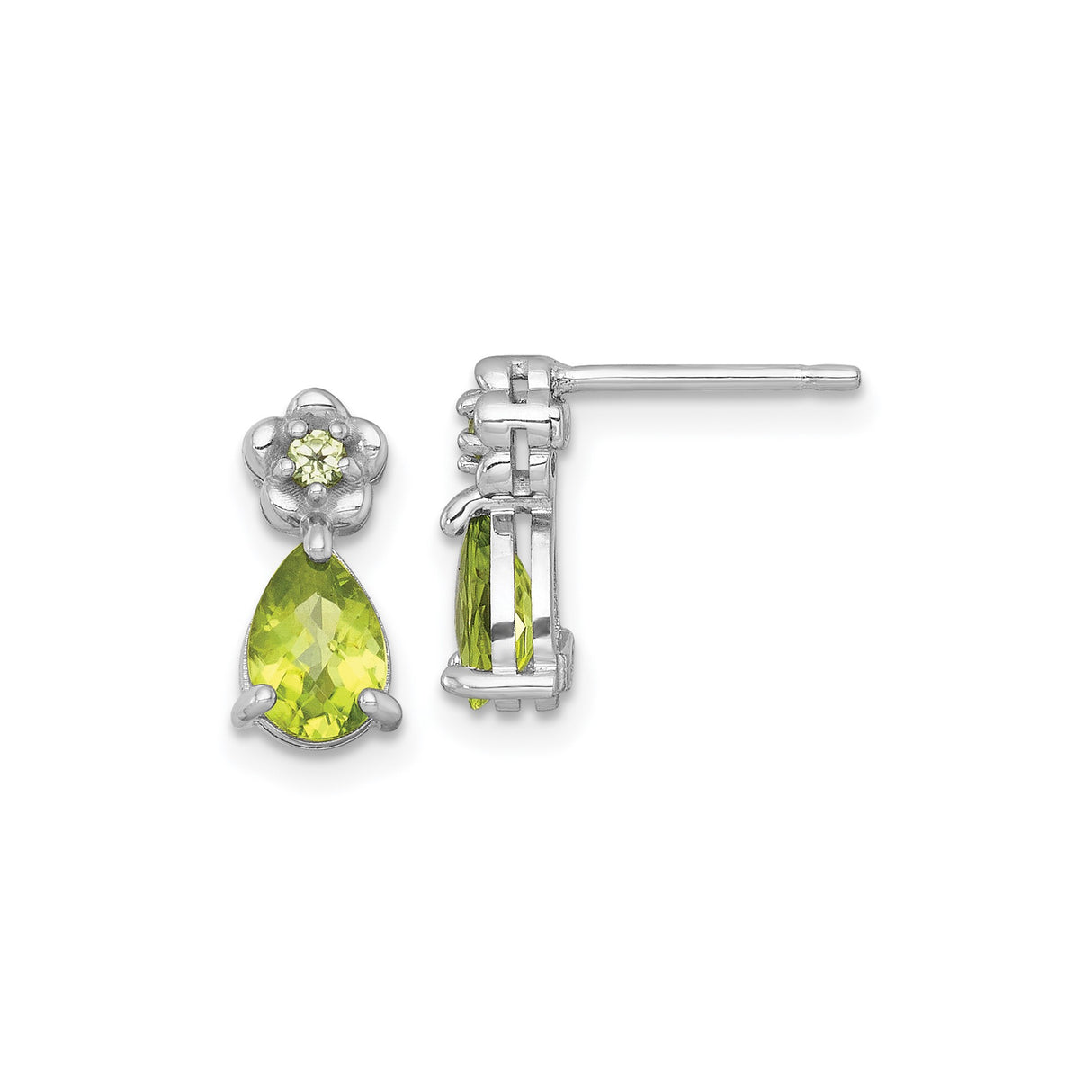 Sterling Silver Drop Earrings with Pear Shaped Peridot and Floral Design