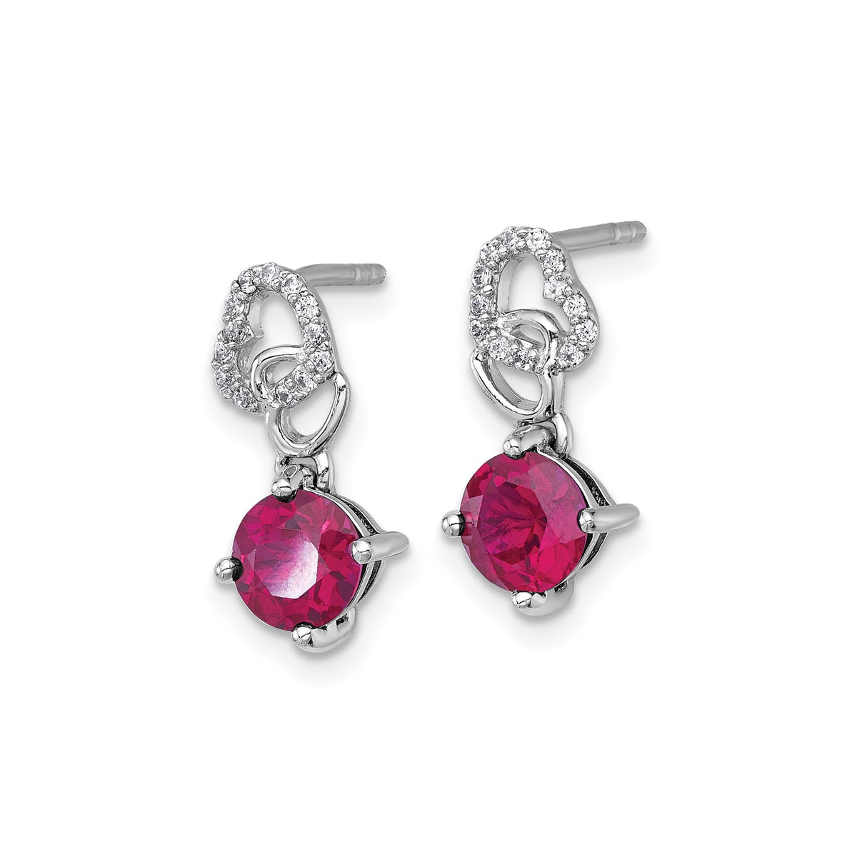 Sterling Silver Dangle Earrings with Created Ruby and Cubic Zirconia, Intertwined Heart Design