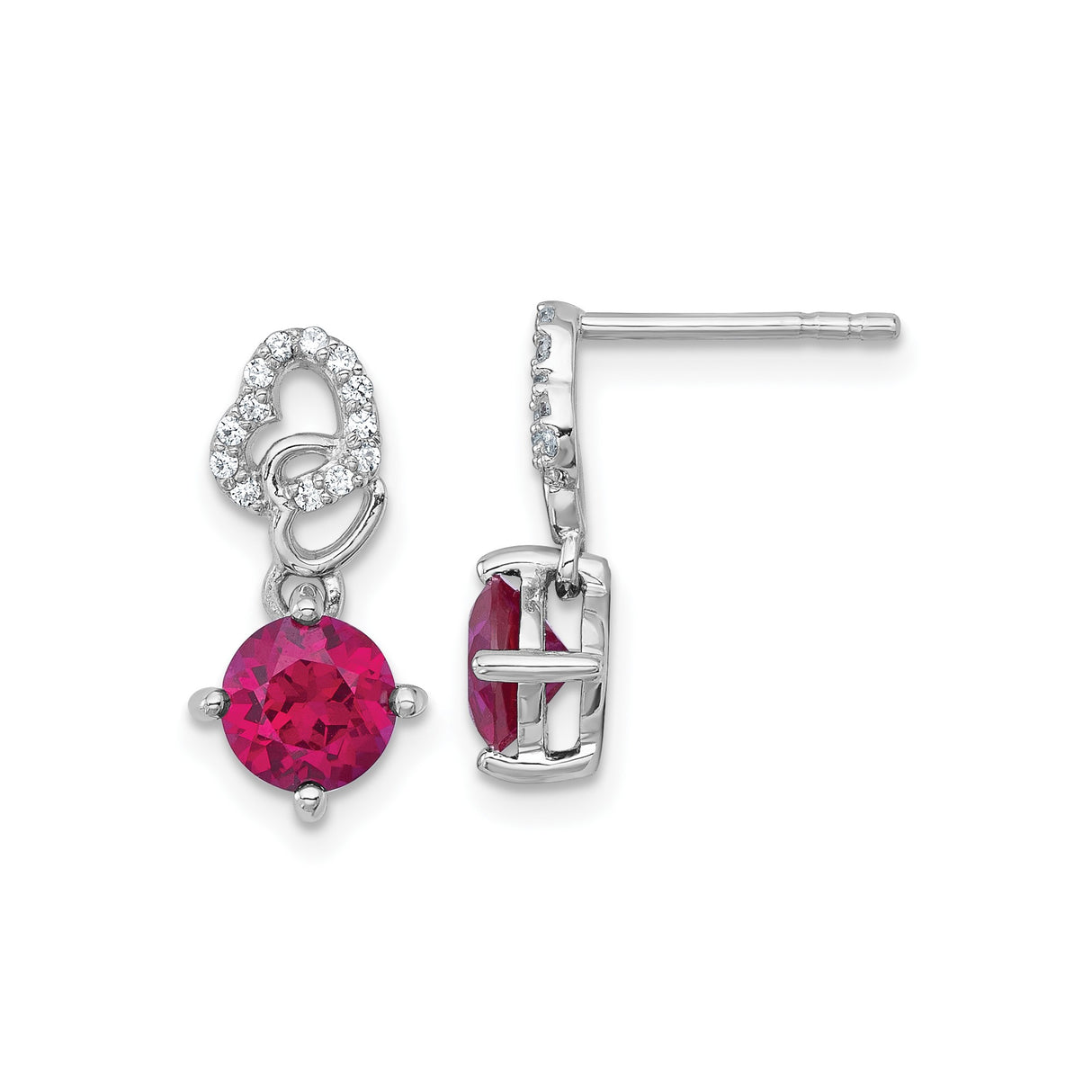 Sterling Silver Dangle Earrings with Created Ruby and Cubic Zirconia, Intertwined Heart Design