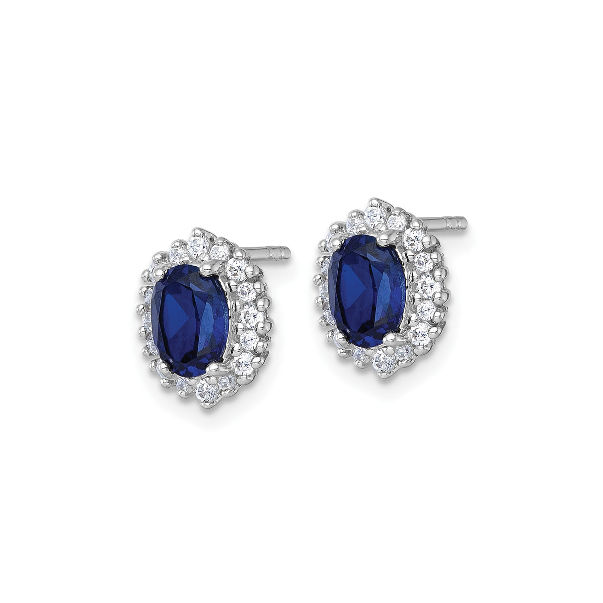 Sterling Silver Stud Earrings with Created Sapphire and Cubic Zirconia Halo Setting