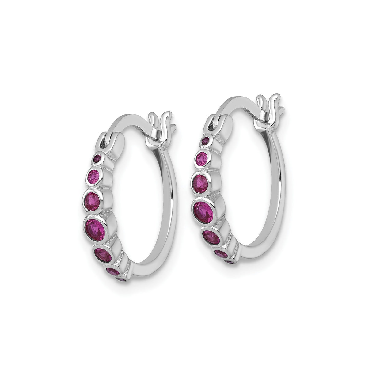 Sterling Silver Hoop Earrings with Created Ruby, Bezel Set, Modern Polished Design
