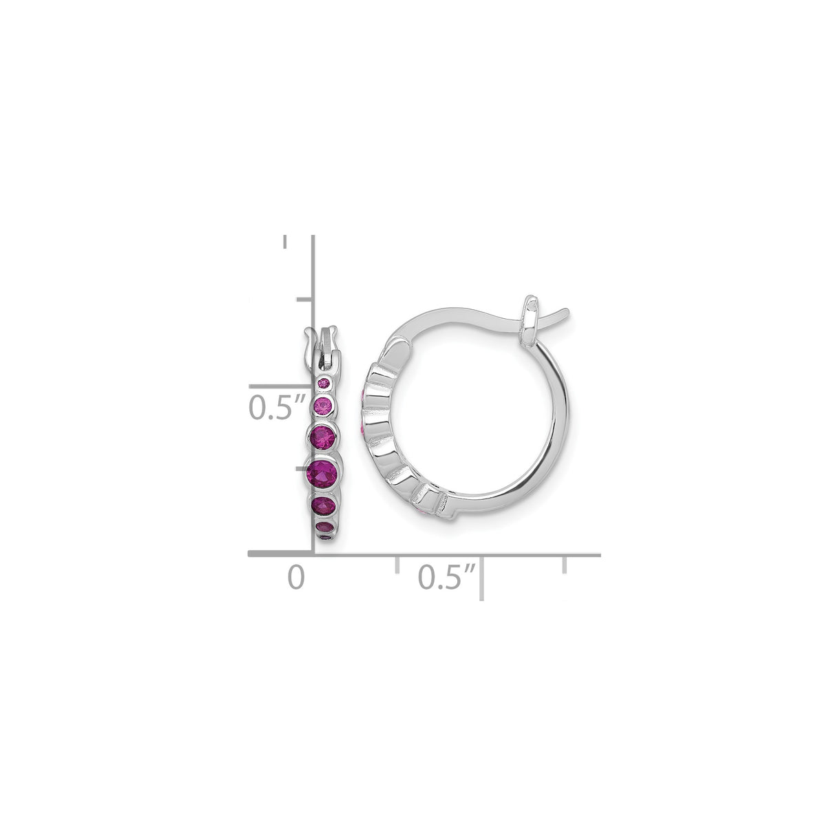 Sterling Silver Hoop Earrings with Created Ruby, Bezel Set, Modern Polished Design