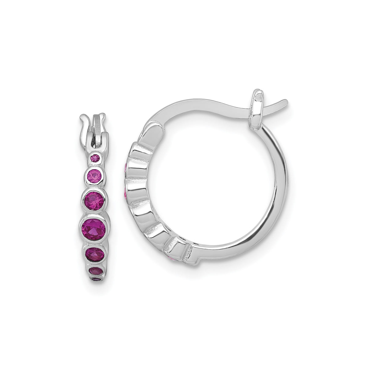 Sterling Silver Hoop Earrings with Created Ruby, Bezel Set, Modern Polished Design