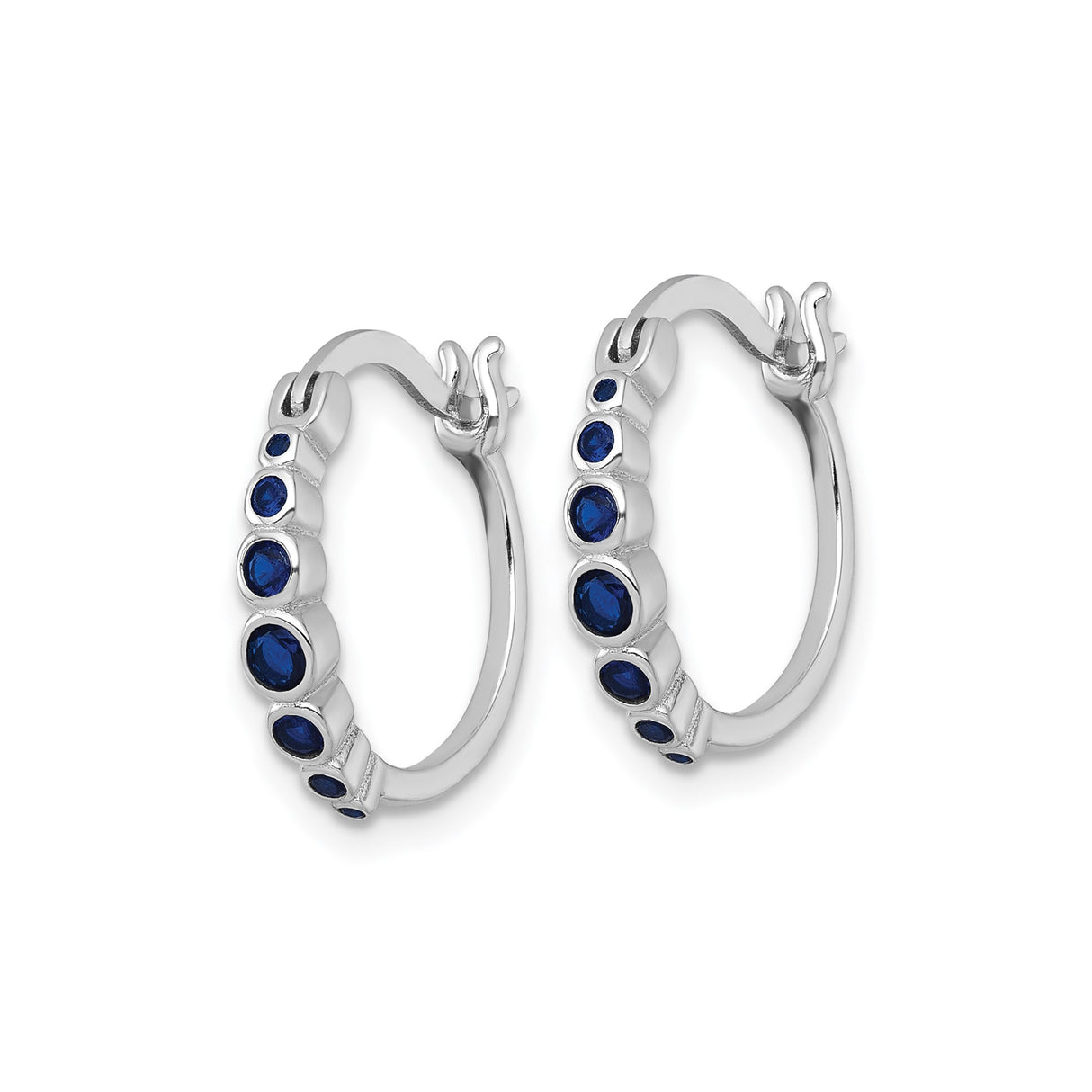 Sterling Silver Hoop Earrings with Graduated Blue Created Sapphire, Rhodium Plated Modern Style