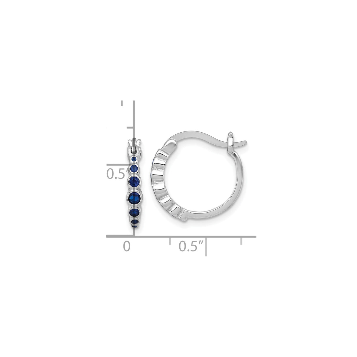Sterling Silver Hoop Earrings with Graduated Blue Created Sapphire, Rhodium Plated Modern Style
